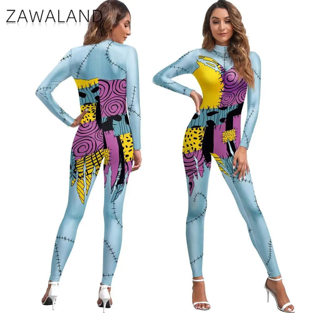 Zawaland Woman Zombies Costume Movie Cosplay Jumpsuit Pants Spandex Scary Dress 3D Print Party Outfit Sexy Zentai Bodysuit