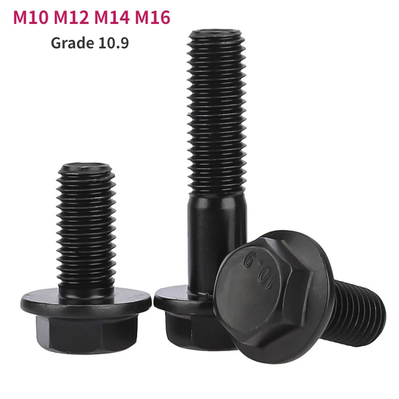 Grade 10.9 Black Carbon Steel M10 M12 M14 M16 Hexagon Head Flange Cap Screw Fine Thread Pitch 1.25/1.5mm Hex Washer Head Bolt