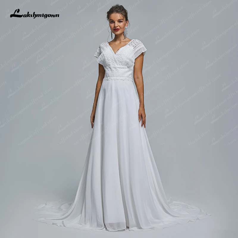 

Lakshmigown V Neck Lace Bodice A Line Boho Wedding Dress 2023 Chiffon Bridal Wedding Gown Robe Mariage Civil Vestido De Novia