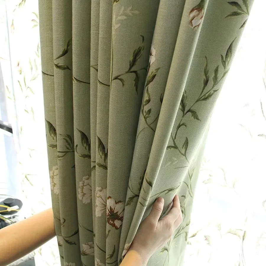 American Country Green Plant Flowers Cotton Linen Window Curtains For Living Room Rustic Printed Bedroom Window Blackout Drapes