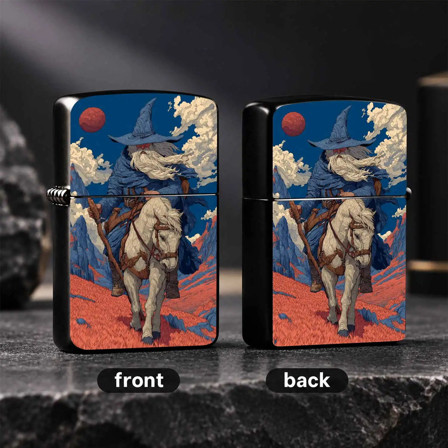 Vintage Fantasy Wizard Horse Riding Lighter, Retro Style Art Printed Butane Lighter, Creative Red Blue Wilderness Travel Themed PORTABLE Lighter, Unique Collectible Gift for Men Father Boyfriend Smokers Outdoor Use A Fun and Humorous Light