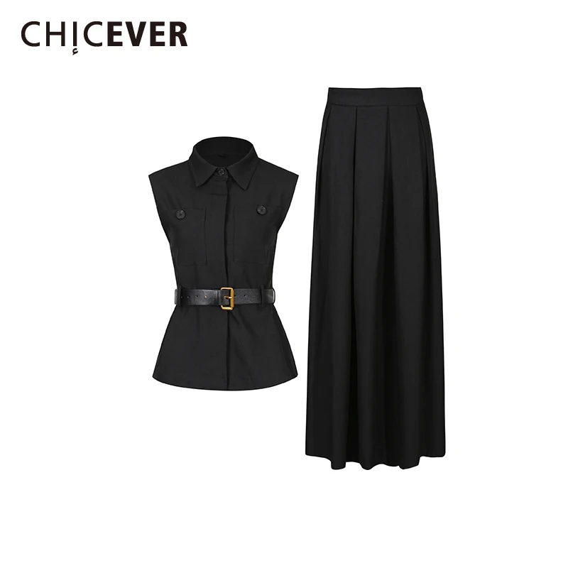 

CHICEVER Solid Spliced Sashes Two Piece Set Female Lapel Sleeveless Shirt Retro Elegant Women's Skirt Sets Autumn Fashion New