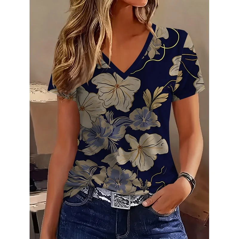 Women's Elegant V-Neck Short-Sleeve T-Shirt - Bold Abstract Floral Print Navy Cream Suitable Casual  Machine Washable Summer Top