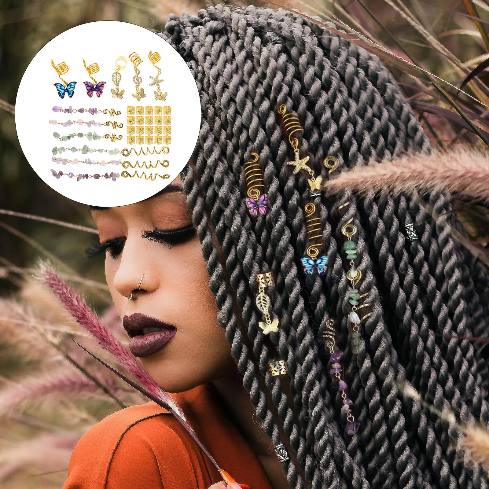 

31Pcs Dreadlock Hair Accessories for Women Braiding Pendants Stone Beads Braid Charms Pirate Jewelry Hair Cuffs Decorations