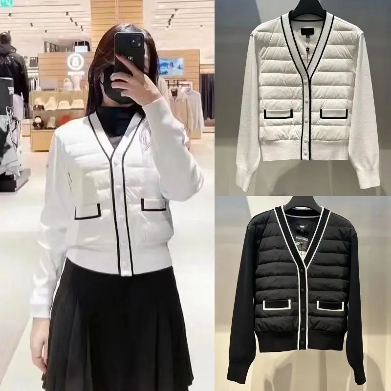 

Women's Golf Apparel: Classic Black & White Knit-Sleeve Lightweight Warm Winter Down Jacket