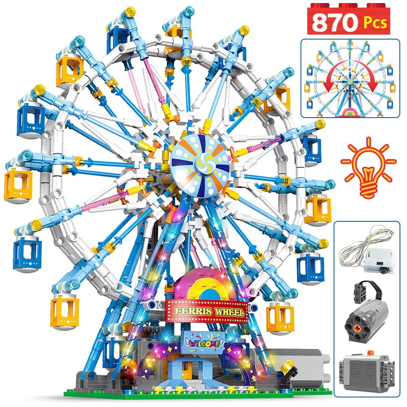 City Friends MOC Rotating Ferris Wheel Building Blocks Electric Bricks with Light Toys for Children Christmas Gifts