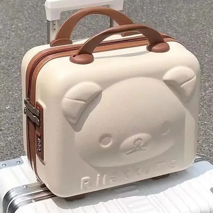14 Inch Cute Bear Embossed Mini Hand Luggage, Portable Hard Shell Cosmetic Suitcase With Password Lock, Travel Storage Handbag