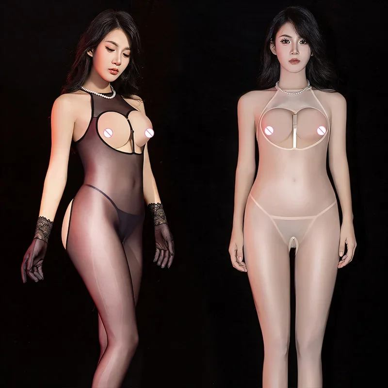 مثير النفط لامعة شفافة ارتداءها النساء الجوف خارج بوديستوكينج المثيرة الملابس الداخلية مفتوحة المنشعب بذلة ضيق يوتار الجنس الملابس #2