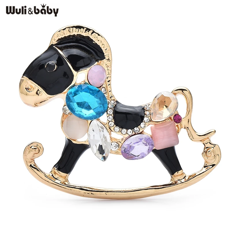 Wuli&baby Cute Crystal Amusement Park Carousel Enamel Horse Brooch Pins For Women Fashion Jewelry Accessory Gift