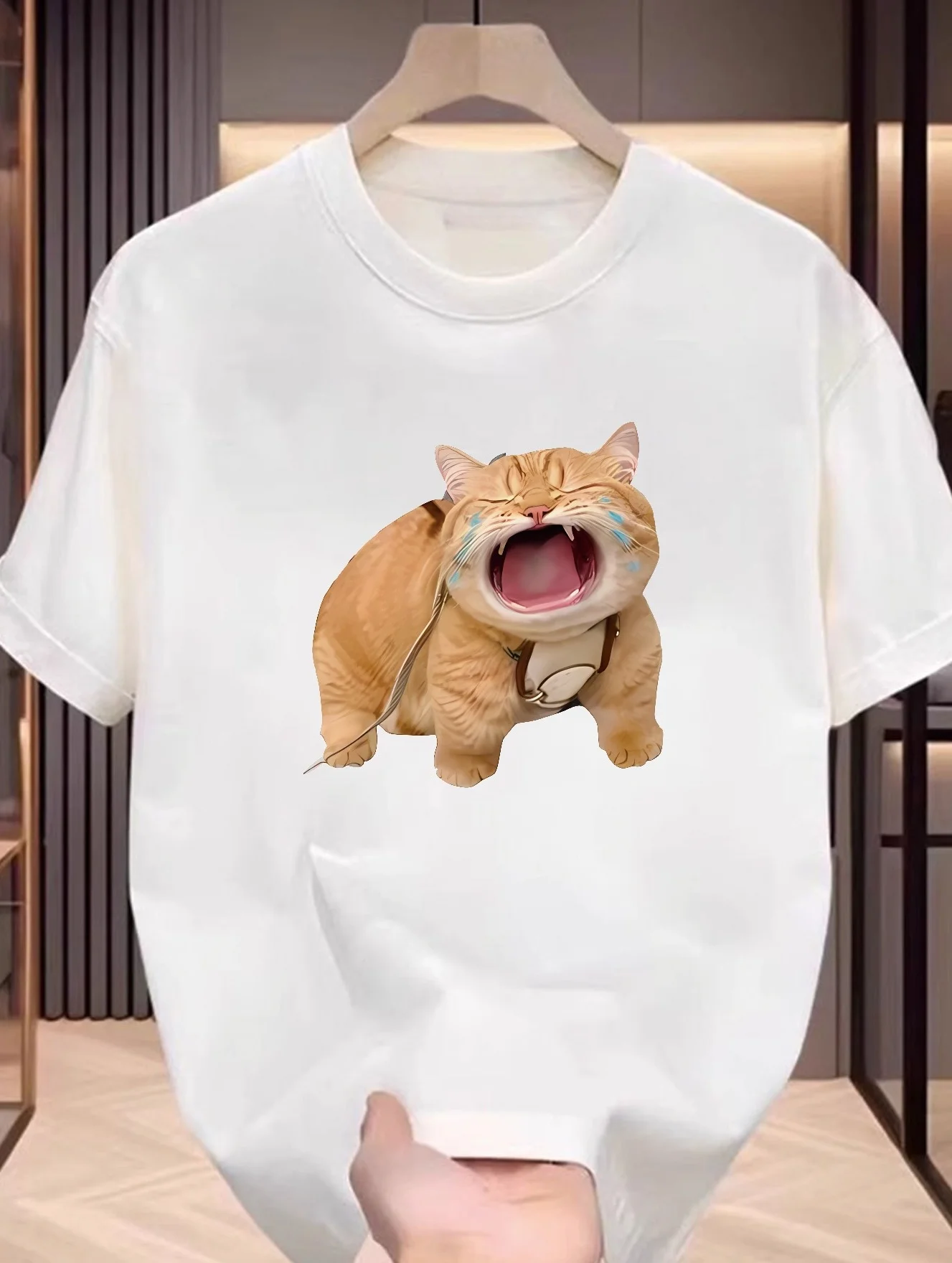 طباعة جرافيك مضحكة على شكل قطة للخريف والشتاء، مناسبة لكل من الرجال والنساء، تي شيرت بأكمام قصيرة، فضفاض ومريح