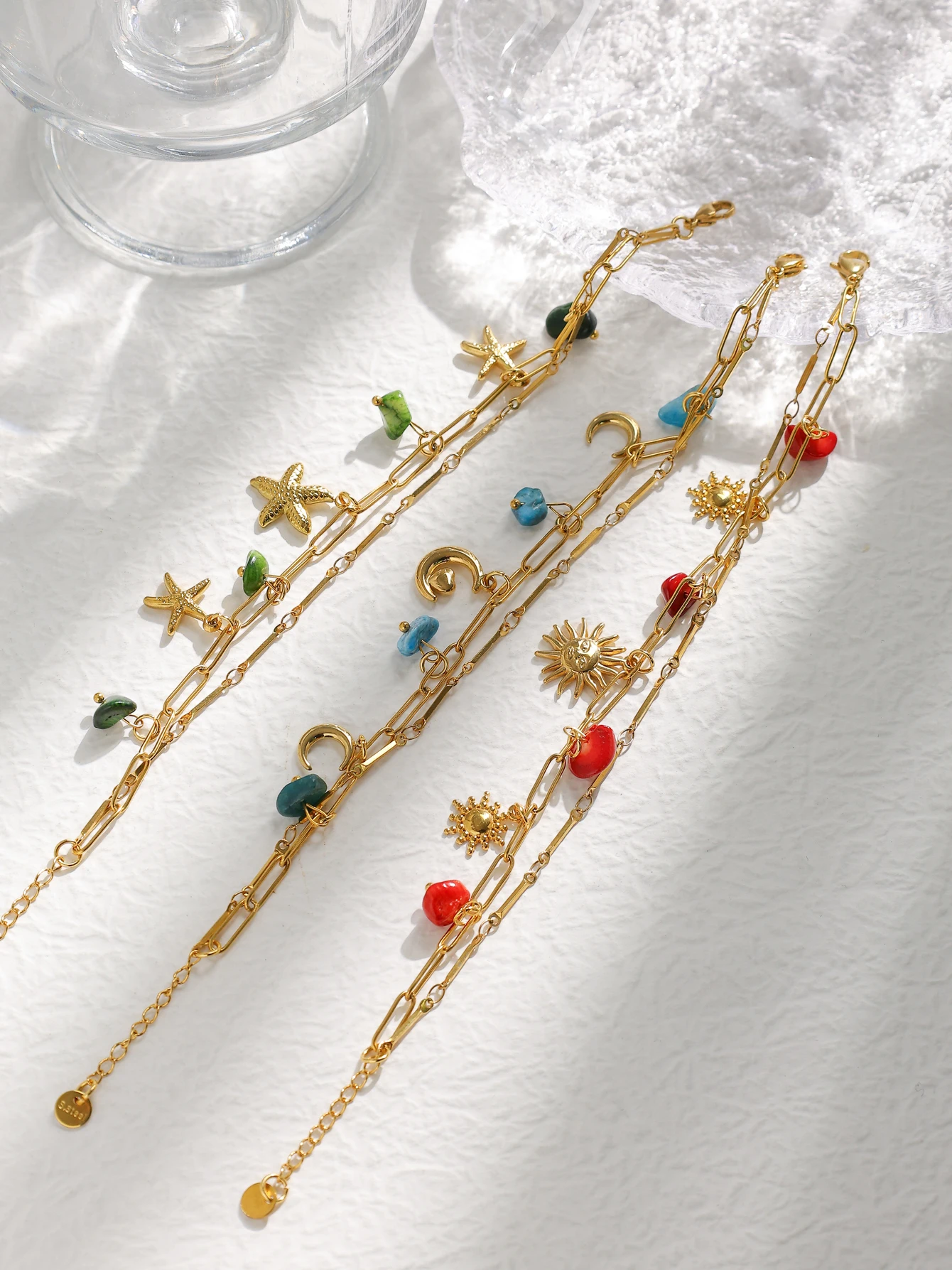 Fashionable trend design double layer natural stone moon sun starfish pendant bracelet women waterproof jewelry beach party gift
