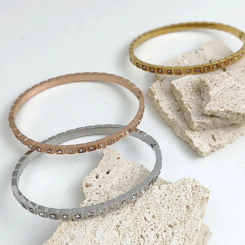 New square zircon stainless steel gold plated 18K bracelet, high quality waterproof silver jewelry, gift for wife