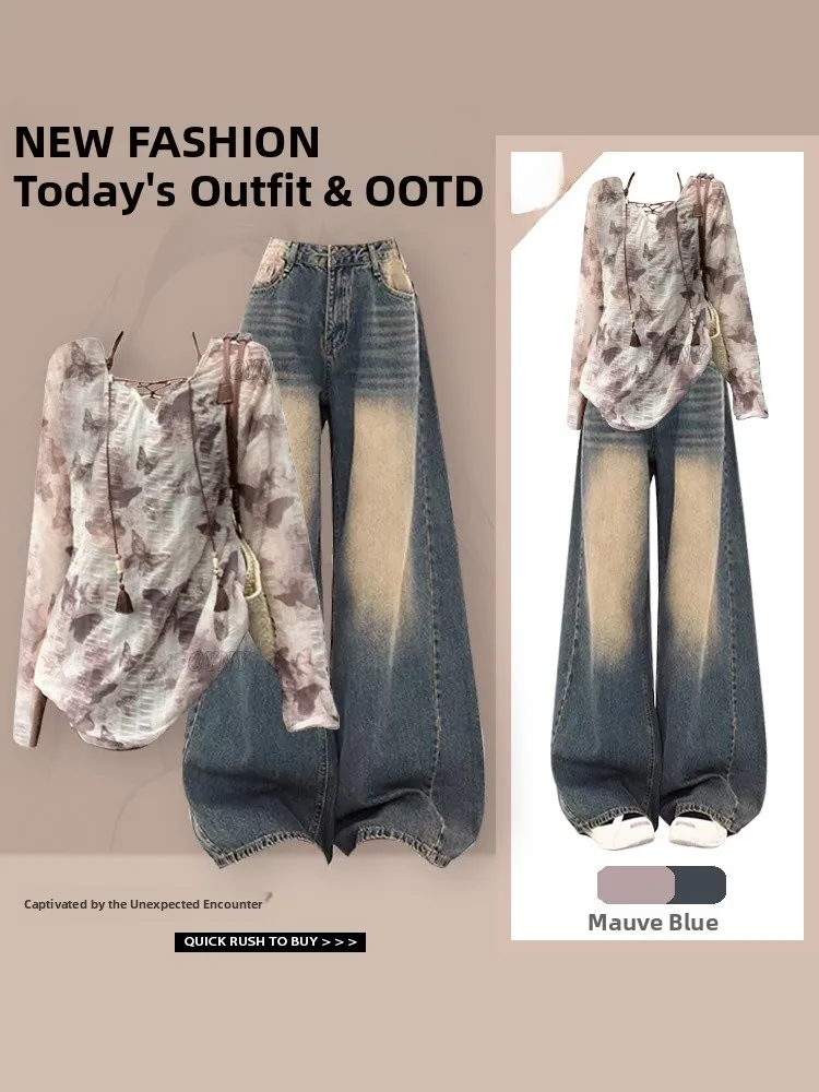 

Vintage Sle Outfit Set Small Size 2025 Autumn Faion Denim Long Pants And Top Ensemble for Young Women V-Ne Long Sve