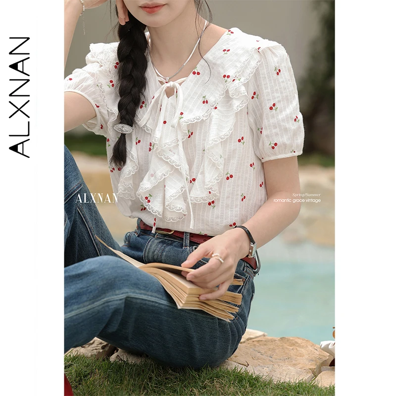 ALXNAN Women Shirt Cute Cherry Print Lace-up Cotton 100% Blouses Peter Pan Collar Flounce Design Short Sleeve Tops Ladies L53556