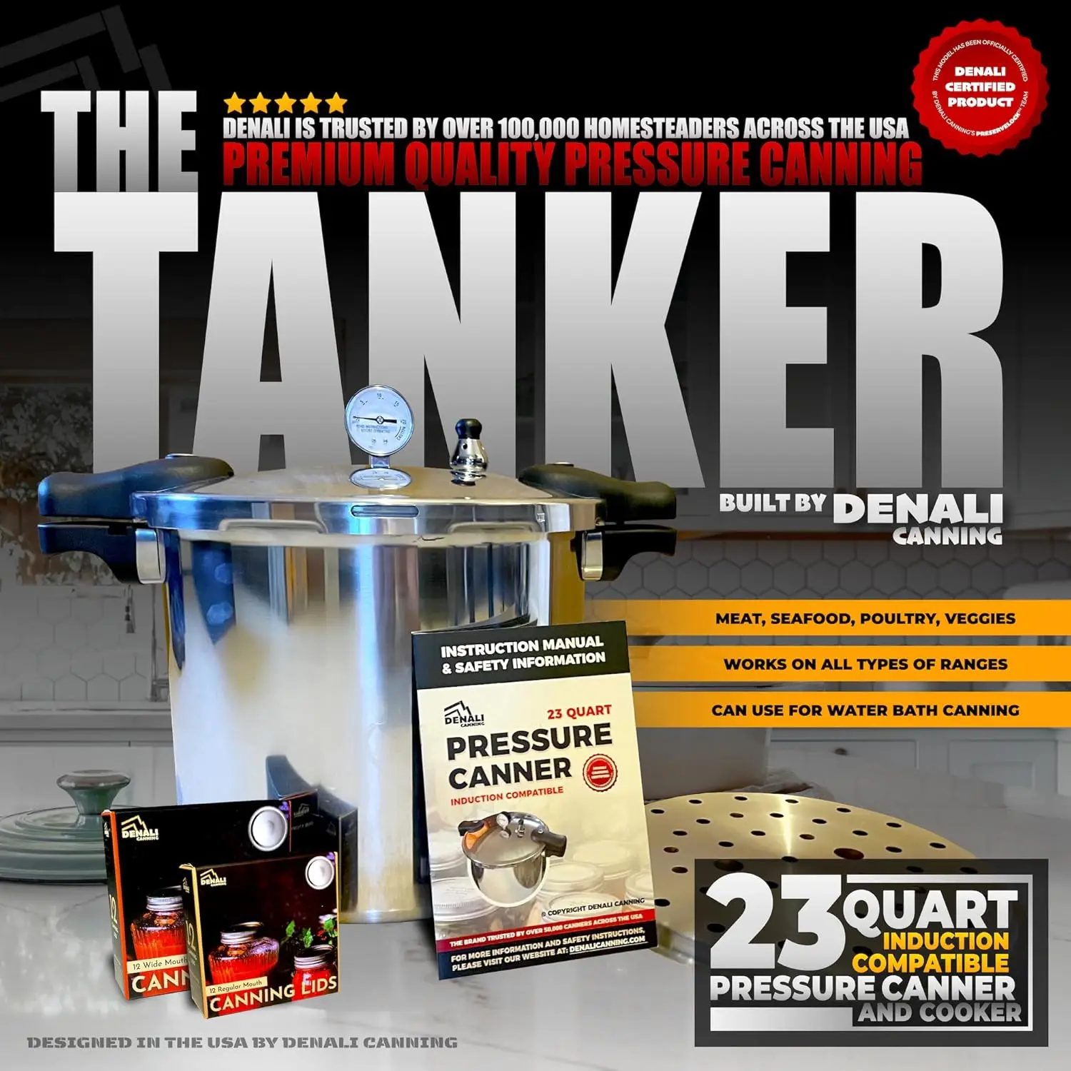 

THE TANKER by - 23 Quart Beginner Friendly Pressure Canner & Cooker | Induction Compatible | Pressure Gauge, 15lb & 10lb Weights