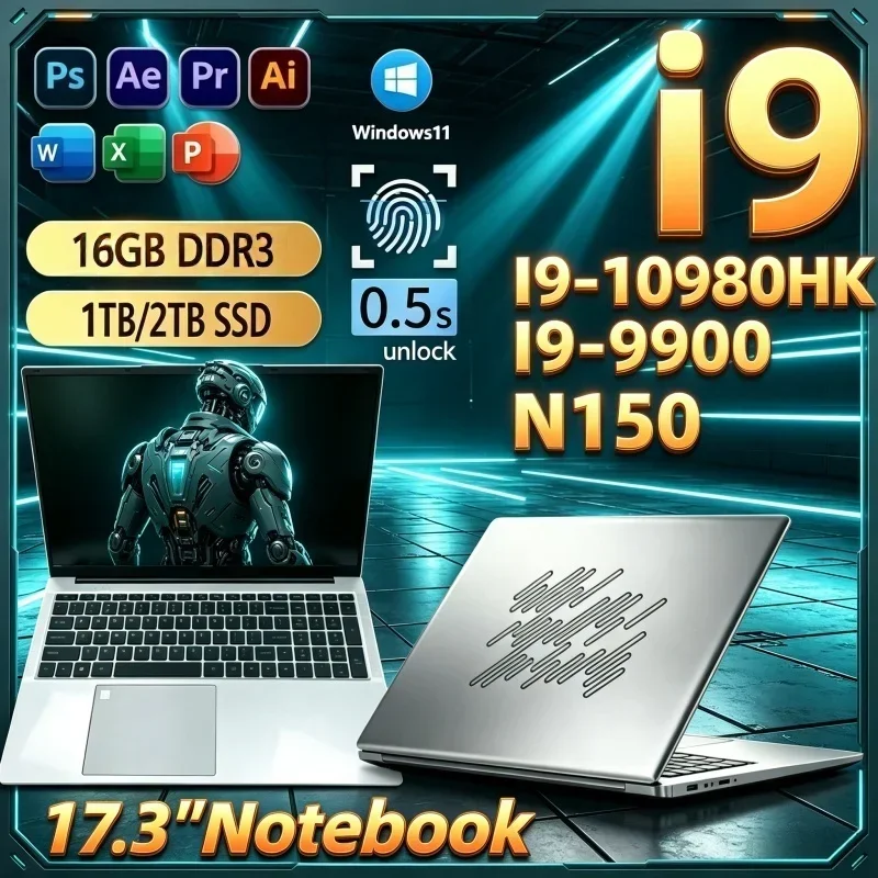 Hot Chart‑Topper 17.3 Inch Notebook Intel I9‑10980HK/I9‑9900/N150 16GB 32GB 2TB SSD Win11 Ultra Slim Gaming Office Laptop
