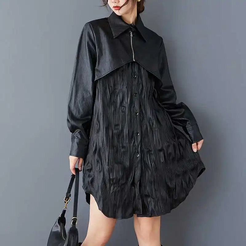 #2613Black False Two Piece Shirt Dress Women Faux Leather A-line Irregular Dress Femme Folds Zipper Long Sleeve Loose Streetwear