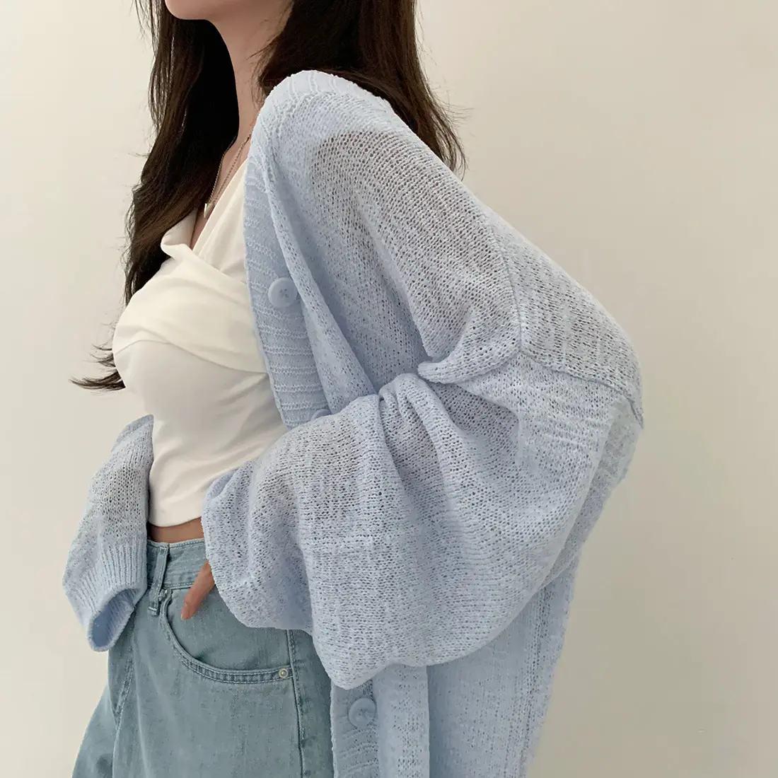 Liangliang paresseux Sle glace soie mince Long Sve tricoté pull femmes été nouveau Vintage lâche Sunade manteau vêtements d'extérieur