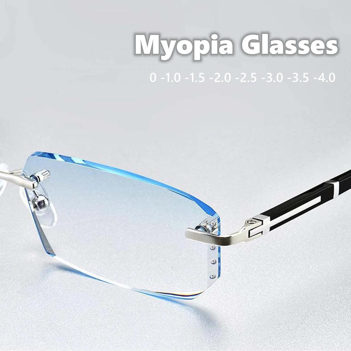 Business Style Rimless Myopia Glasses for Men Anti Blue Light Finished Near Sight Eyeglasses Retro Prescription Minus Eyewear