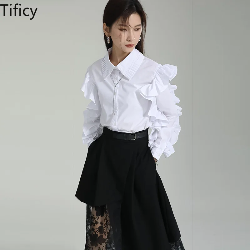 

TIFICY New Pleated Lapel Shirt with Elegant White Ruffle Sleeves and Lace Shirt Women's Long Sleeve Shirts