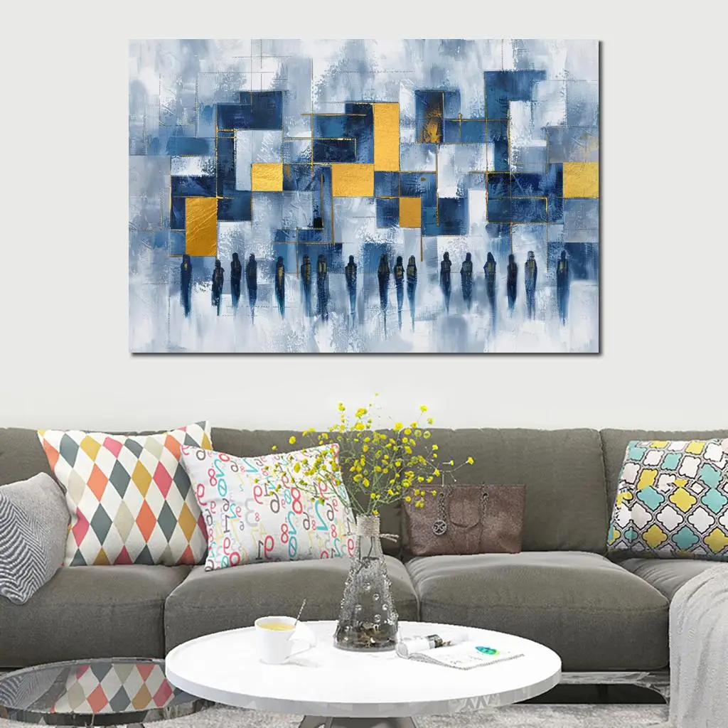 Abstract Kotel Canvas Art Gold Leaf Jewish Painting Western Wall Blue Handmade Jerusalem Artwork Contemporary Living Room Decor