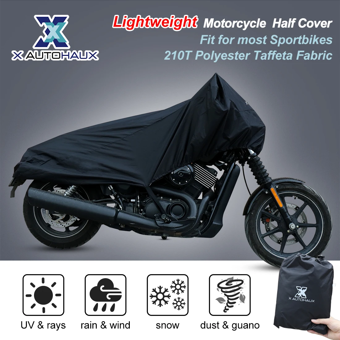 UXCELL Motorcycle Cover Lightweight Half Cover Outdoor Waterproof Rain Dust Protector for Most Full Dress Touring Cruiser