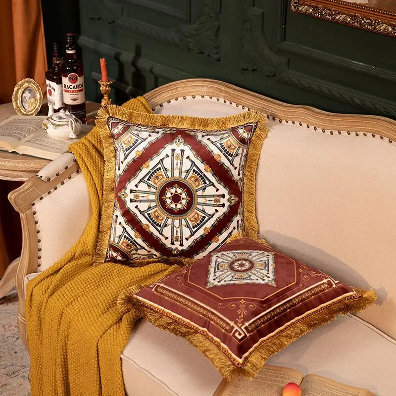 Luxury American Style Cushion Cover Double Sided Print Velvet Tassel Pillowcase For Sofa Living Room