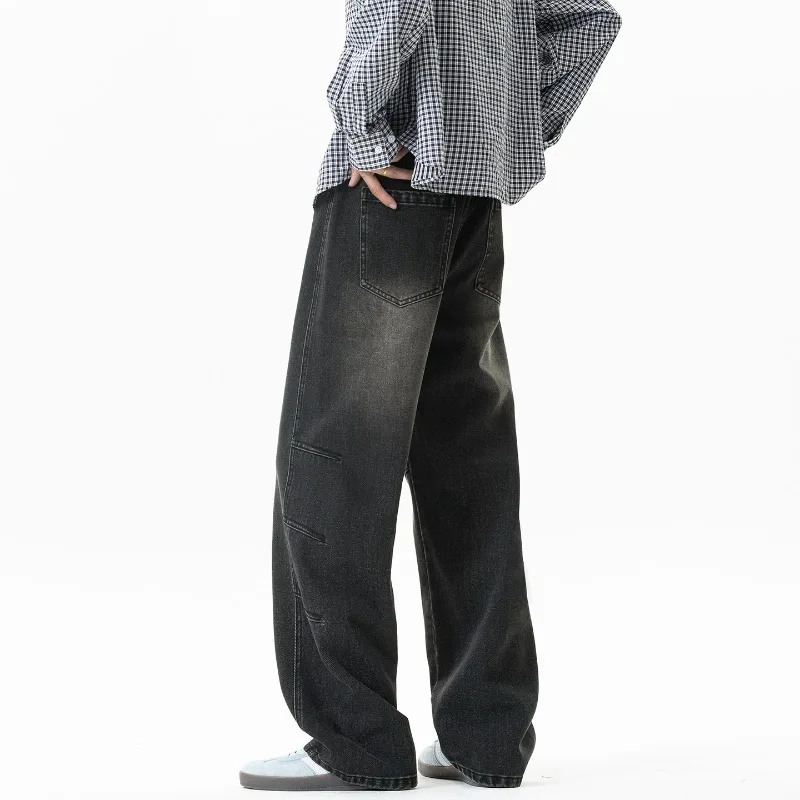 

2025 American Retro Distressed Commuter Casual Pants Washed Drawstring Patchwork Design Straight Loose Wide-Leg Men's Jeans