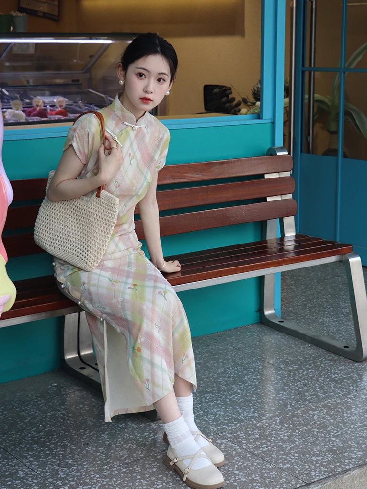 

Новое китайское платье в старинном стиле для девушек, из полиэстера, с высоким разрезом, коротким рукавом, длинное.