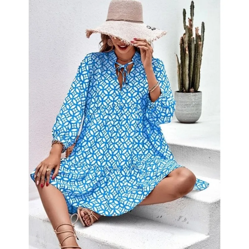 

Casual Boho Holiday Clothing Floral Print Dress For Women V Neck Three-Quarters Sleeve Spring Autumn Elegant Party Dress Female