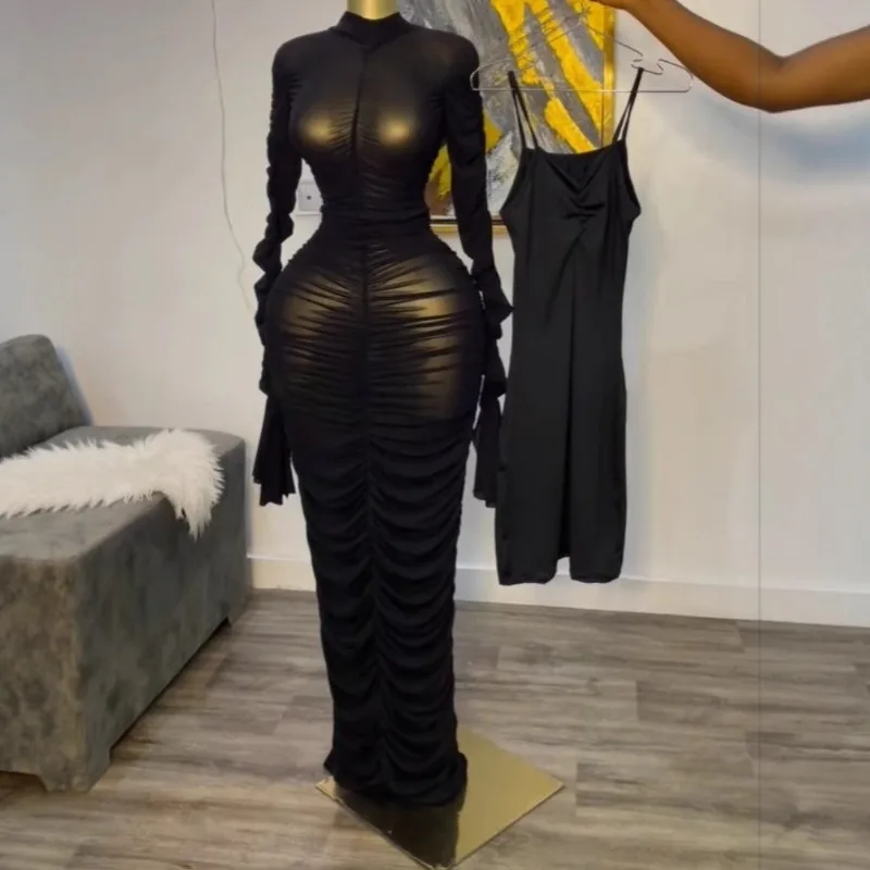 Women Flare Long Sleeve Stacked Ruched Mesh See Though with Tank Dress Maxi Long Dress 2025 Birthday Sexy Party Dresses