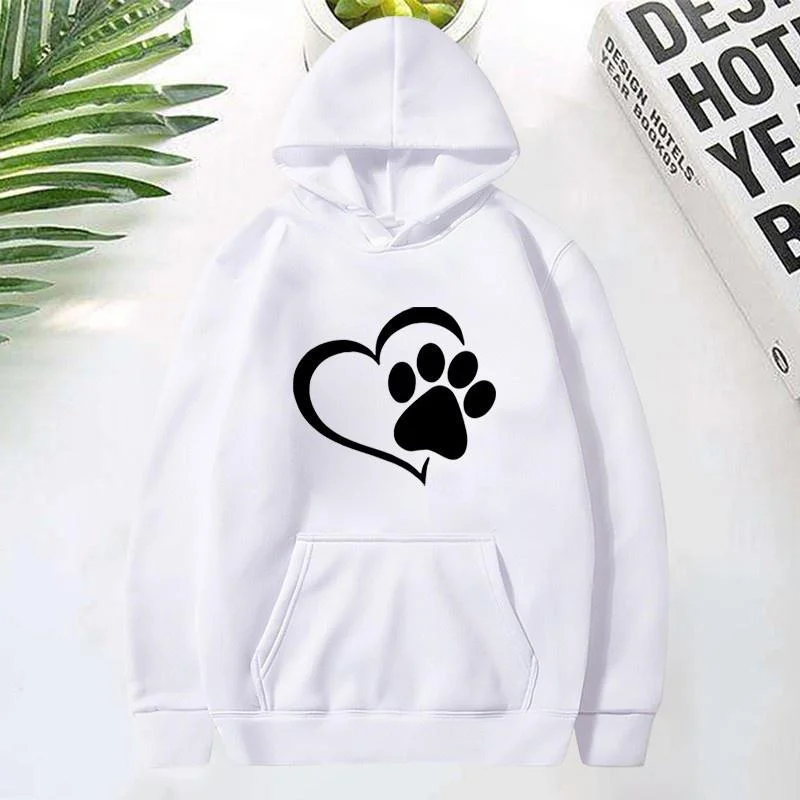 Cute Dog Paw and Heart Shape Print Hoodies Women Casual Long Sleeve Hoodies Autumn Winter Pullovers Plus Size