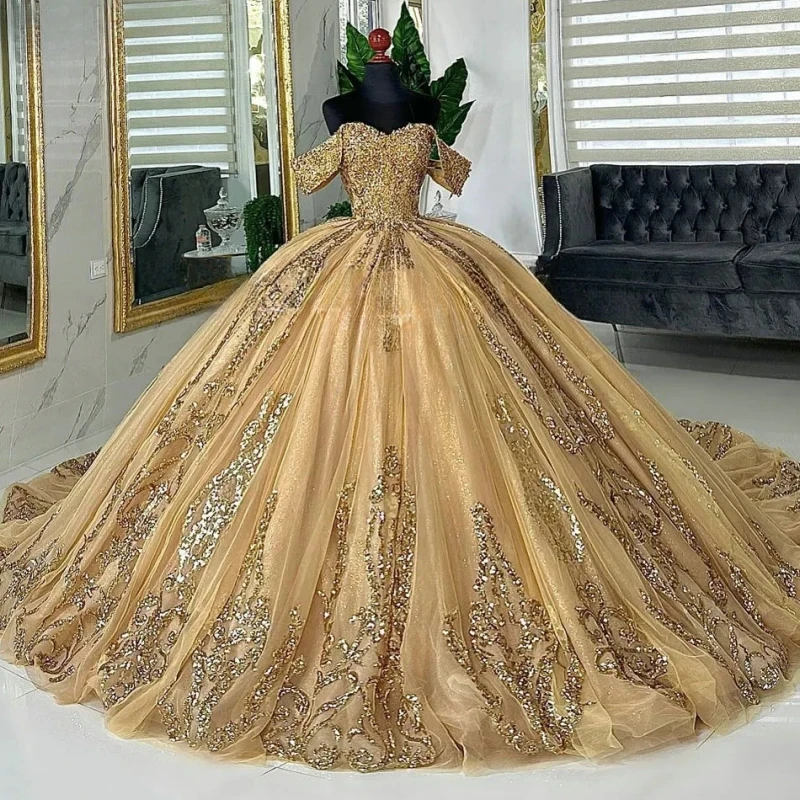 Customized Real Gold Beading Ball Gown Quinceanera Dresses Appliques Lace Corset Vestidos De 15 Años Party Prom Gown Formal Wear