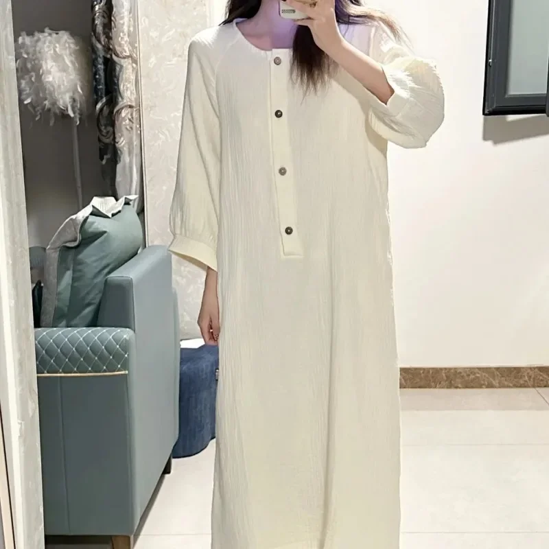 Spring and Autumn New Style Sweet Simple Round Neck Solid Color Button Thin Pajamas Loungewear Long Sleeve Nightdress Female