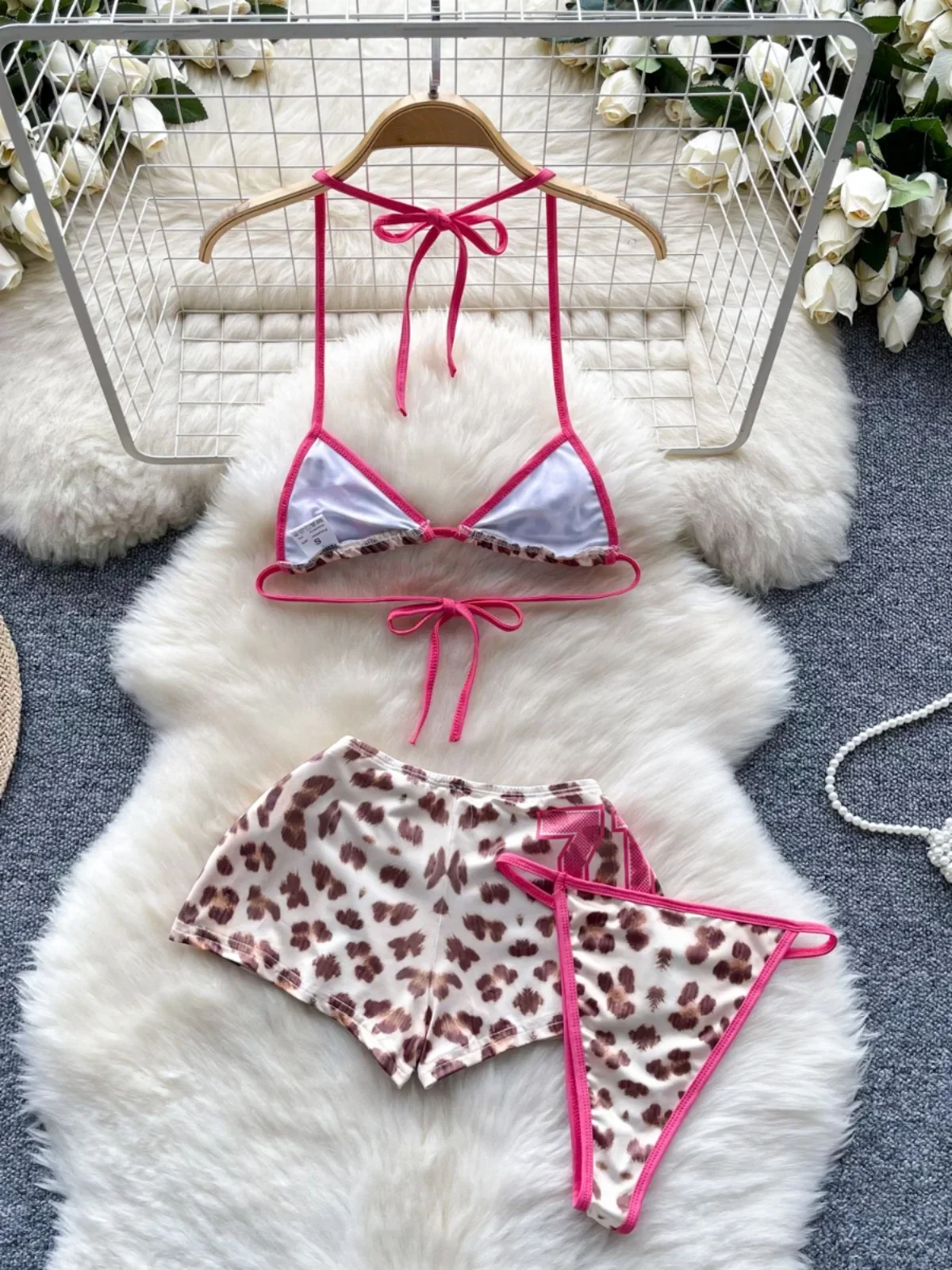 American Pure Desire Hottie Strap Leopard Print Bikini Uniform Three-piece Suit Women's Summer Tube Top + Shorts