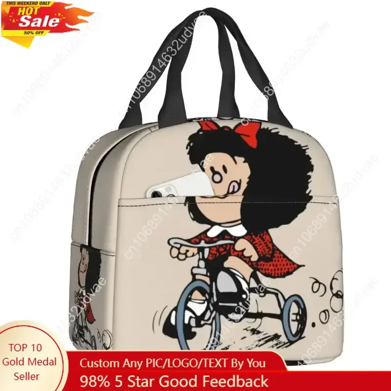 

Happy Cycling Mafalda Lunch Box for Women Cartoon Cooler Thermal Food Insulated Lunch Bag Kids School Children Picnic Tote Bags