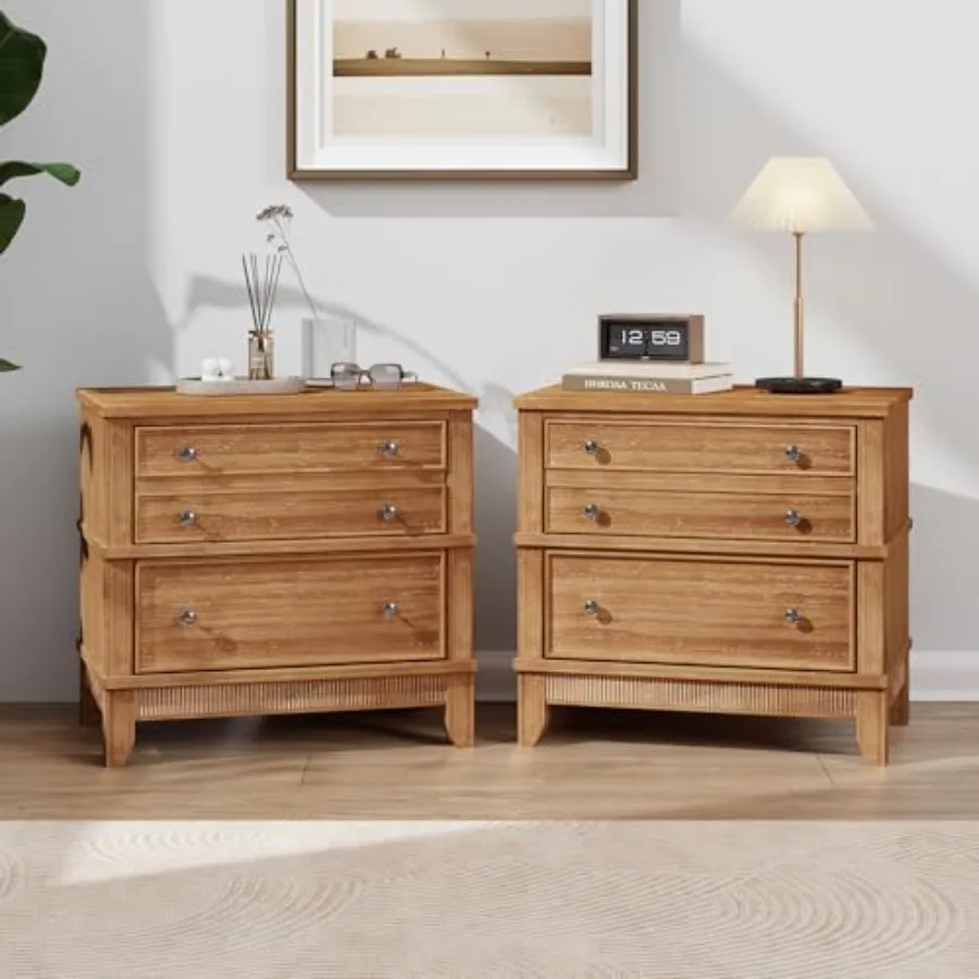 

Modern Nightstand with 3 Drawers, Wooden Night Stand with Fluted Molding, Bedside Table End Table for Bedroom, Space-Saving Sto