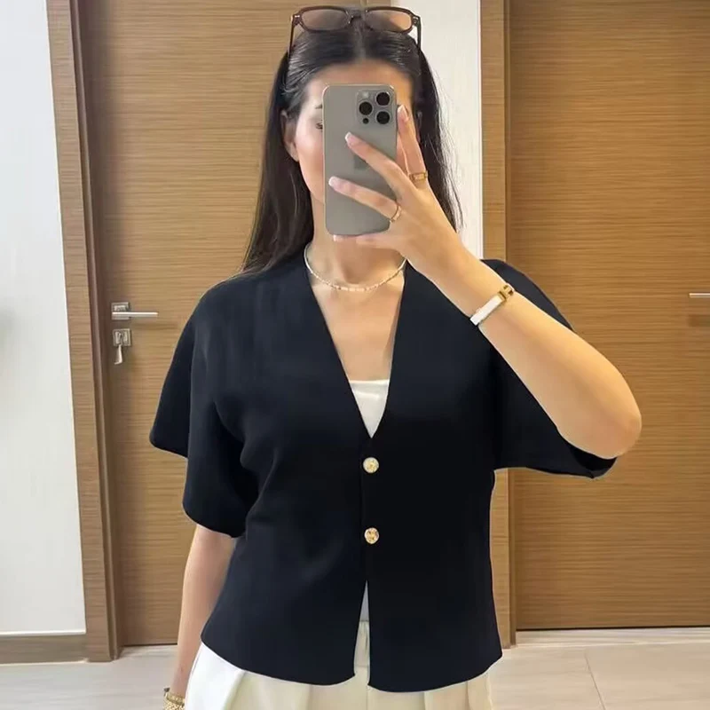 HXAO Strickjacke für Damen, Sommer 2022, Damenpullover, Weiß, Gelb, Schwarz, Strickjacke, schicker Knopf, kurze Ärmel, Strickwaren, Oberbekleidung