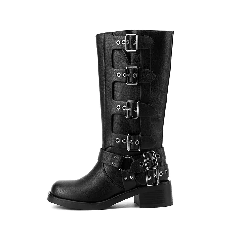 CHMURY  Jean Boots Women 2024 Fall Black Leather Low Heel Mid Calf Block Heels