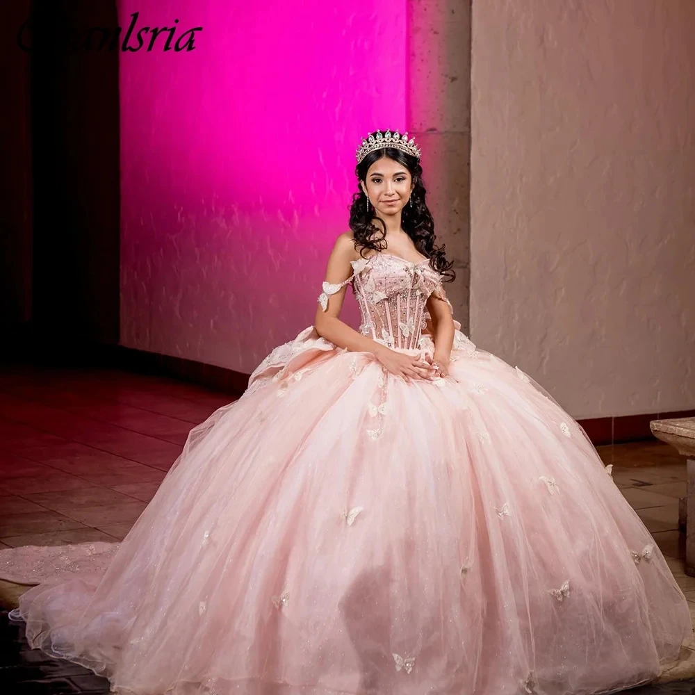 Vestido De fiesta con lazo De mariposa 3D para quinceañera, vestido rosa sin hombros, corsé con cuentas De cristal De ilusión, 15 Años