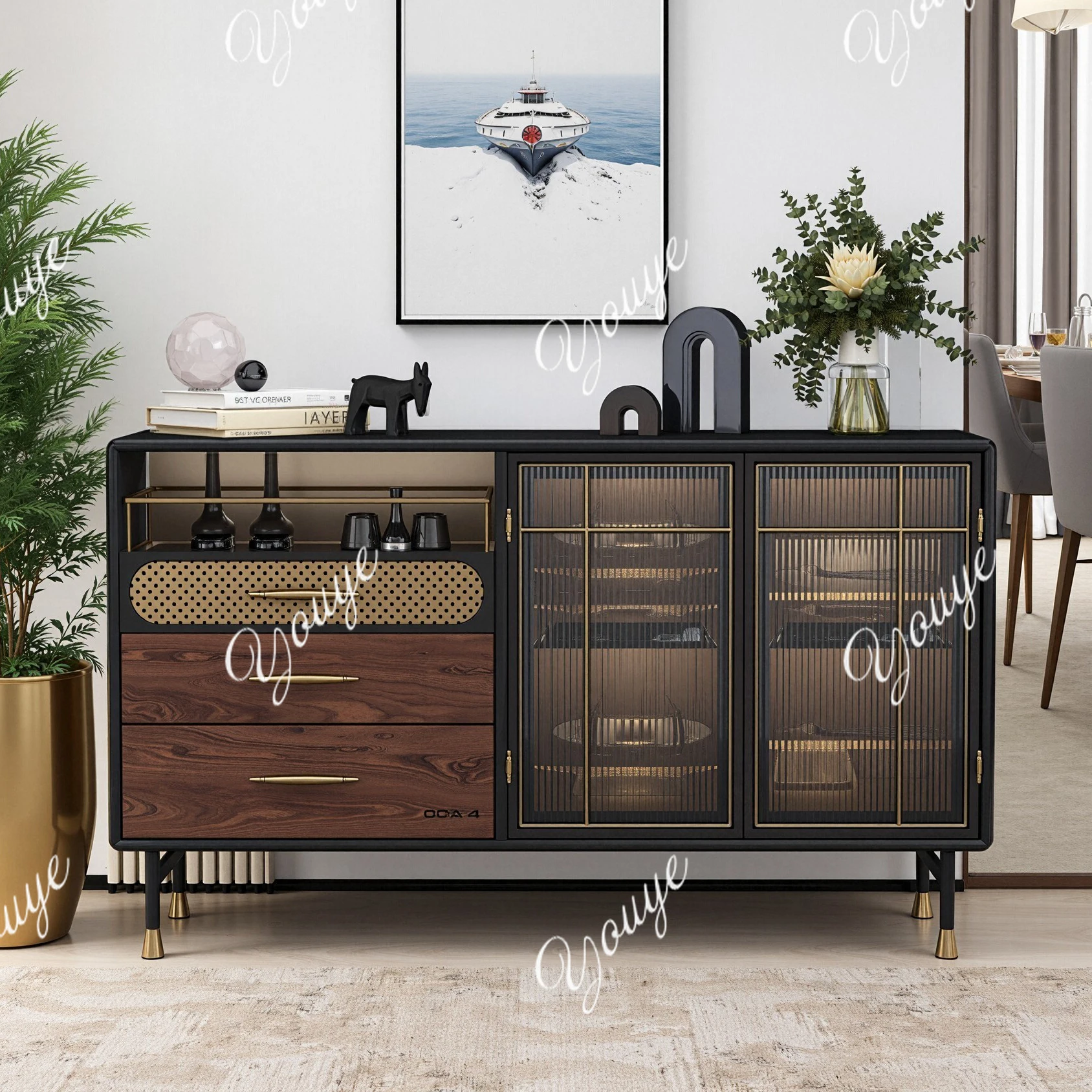 

Italian side cabinet light luxury solid wood locker restaurant high sense modern glass wine cabinet decorative rack
