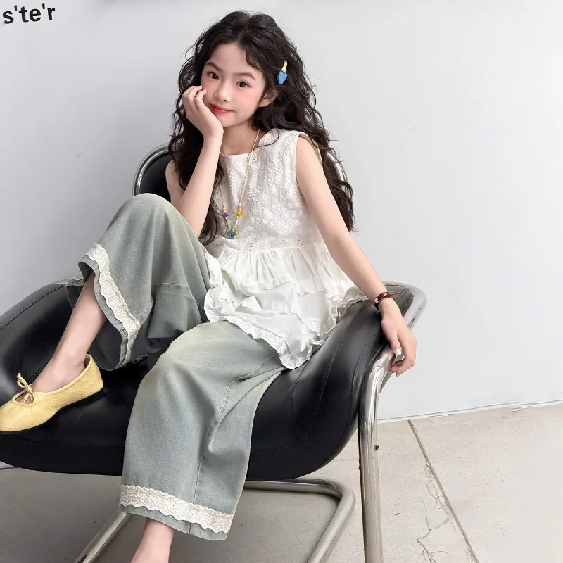 

Girls Top Summer 2026 Lace Sleeveless T-shirt And Wide Leg Jeans Sweet Cute Casual Breathable Children's Clothing