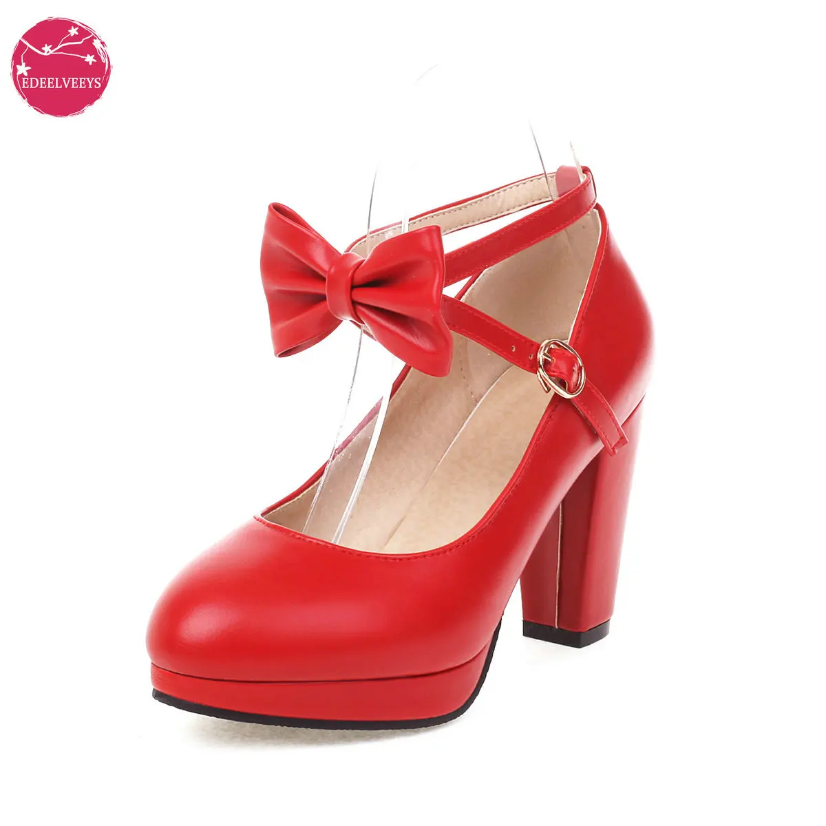 Ankle Strap Lolita Shoes Womens Platform High Heels Cute Pumps Sweet Bow Ladies Office Footwear Cosplay Red White Pink Black