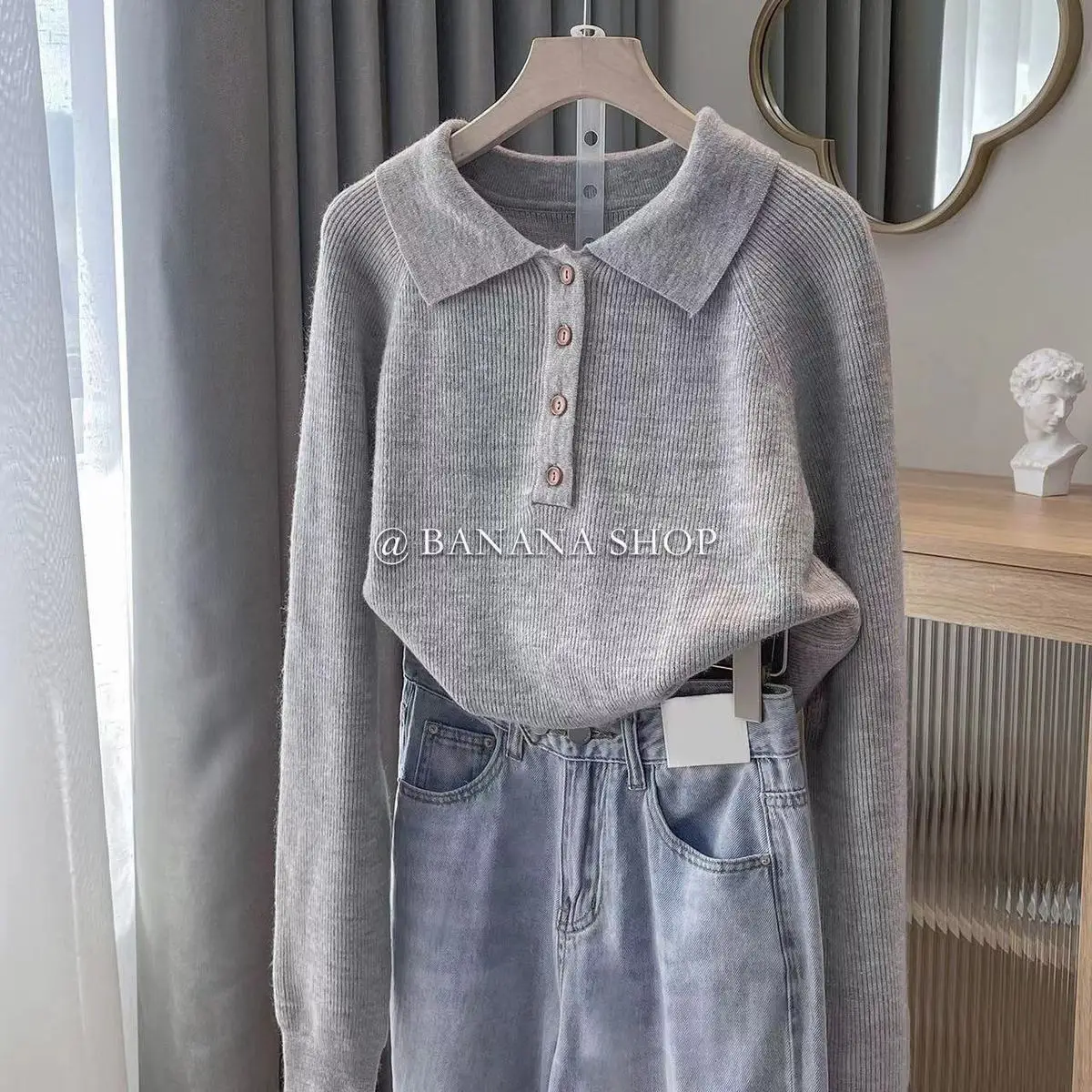 2024 Spring And Grey Knitted Shirt Women's Autumn Korean Edition Loose Short Long Sleeve Polo Collar Inner Soft Sticky Sweater