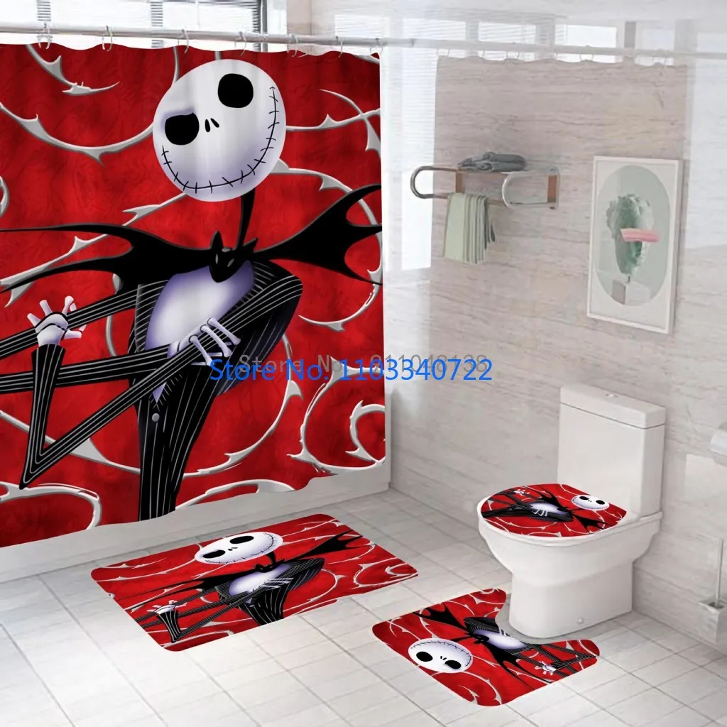 Nightmares Before Christmas Shower Curtain Set 4pcs with Hooks Cartoon Decor Waterproof Bathroom Toilet Mat Lid