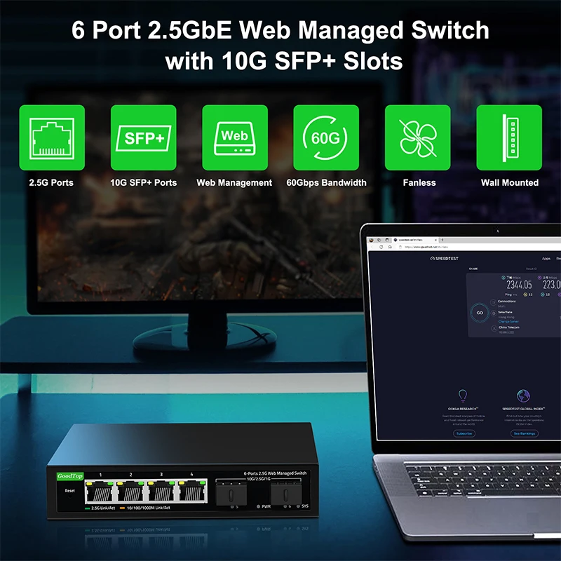 GoodTop 6 Port 2.5Gb Smart Managed Switch with 10G SFP+ Slot Metal Fanless Home Lab Network Switch Link Aggregation/VLAN/QOS