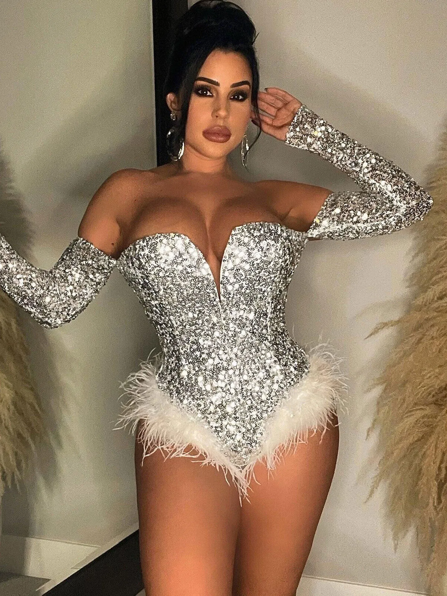 Silver Gold Sequin Feather Bodysuits Women Strapless Body Suit Tops Club Rompers Party Nightclub Sexy Bodycon Corset Jumpsuits