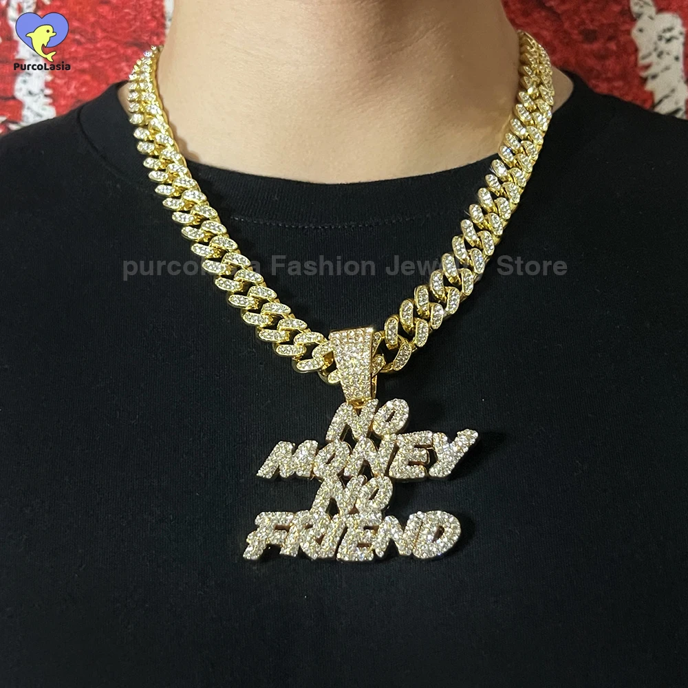 No Money No Friend Necklace Cool Hip Hop Cuban Chain Shiny Rhinestones Ice Out for Man Women Jewelry