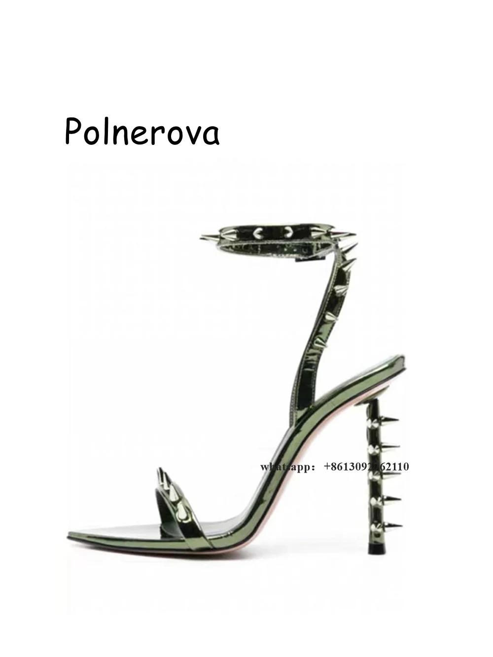 Rivet One Word Belt Sandals Thin Heels Pointed Toe Female Shoes Solid Metal Decoration Summer Ankle Strap Sexy Occidental Style