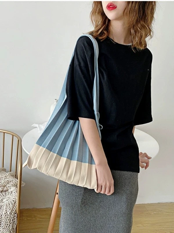Shopping bag ins pleated design folding contrasting yarn knitting single shoulder handbag accordion bag women's splicing